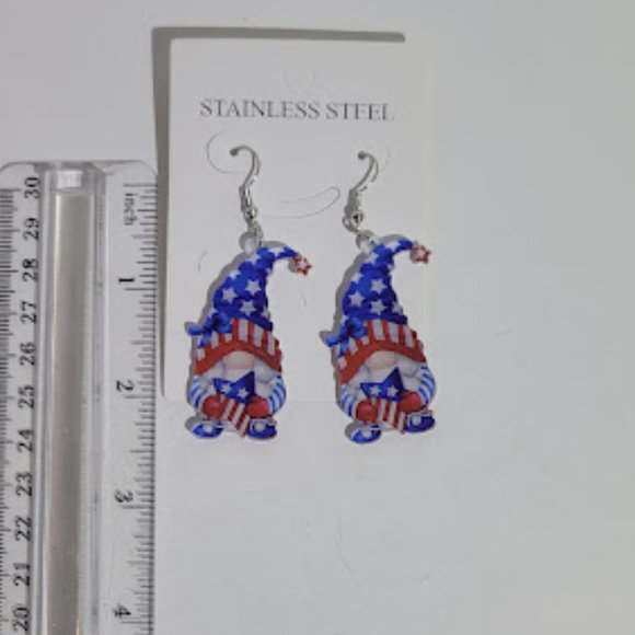 STAINLESS STEEL PATRIOTIC GNOME EARRINGS W/SILVER COLOR HOOKS - Picture 3 of 3
